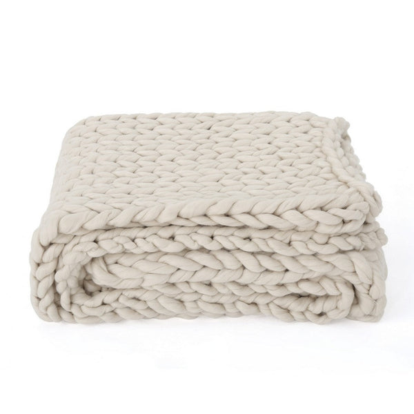 Moon Throw Blanket, 60 Inch Knitted Braid Design, Ivory White Acrylic