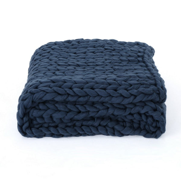 Moon Throw Blanket, 60 Inch Knitted Braid Design, Navy Blue Acrylic