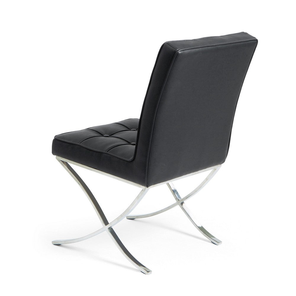 Dinner Chair Set of 2, X Chrome Legs, Button Tufted Black Leather -BM327721