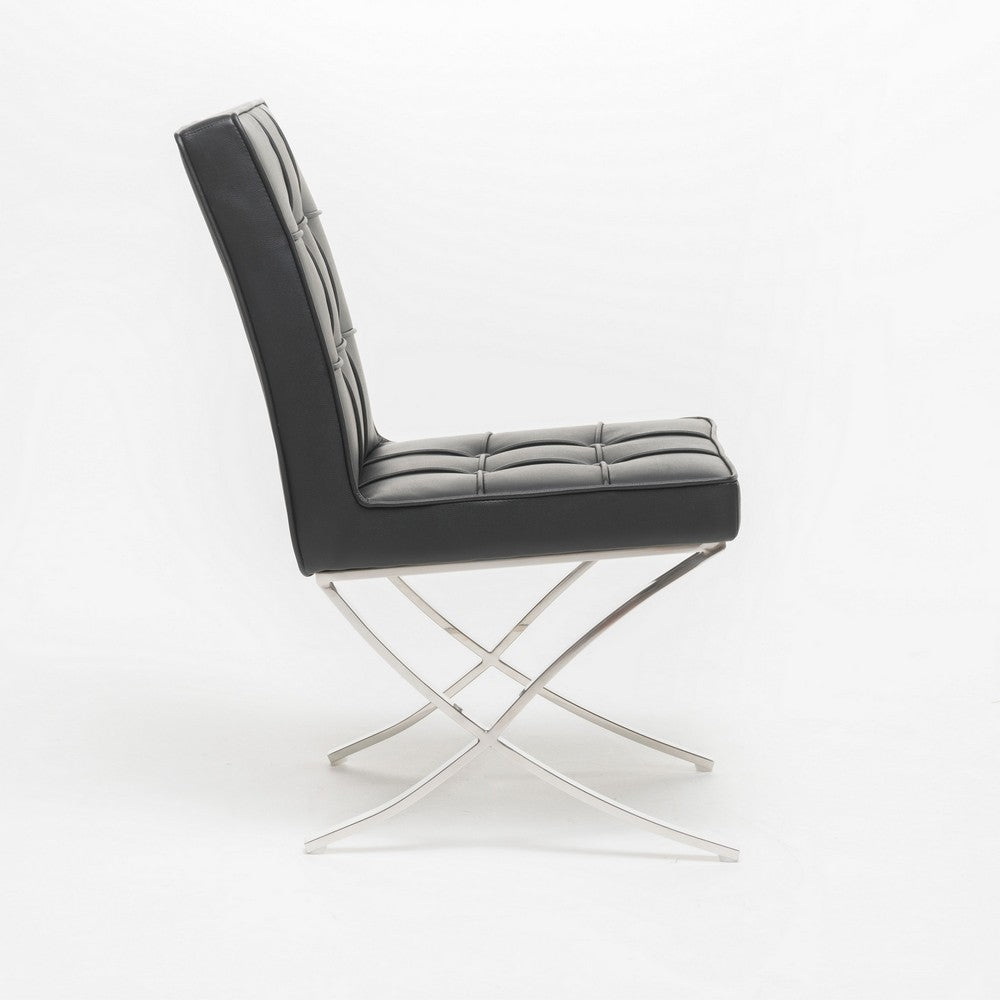 Dinner Chair Set of 2, X Chrome Legs, Button Tufted Black Leather -BM327721