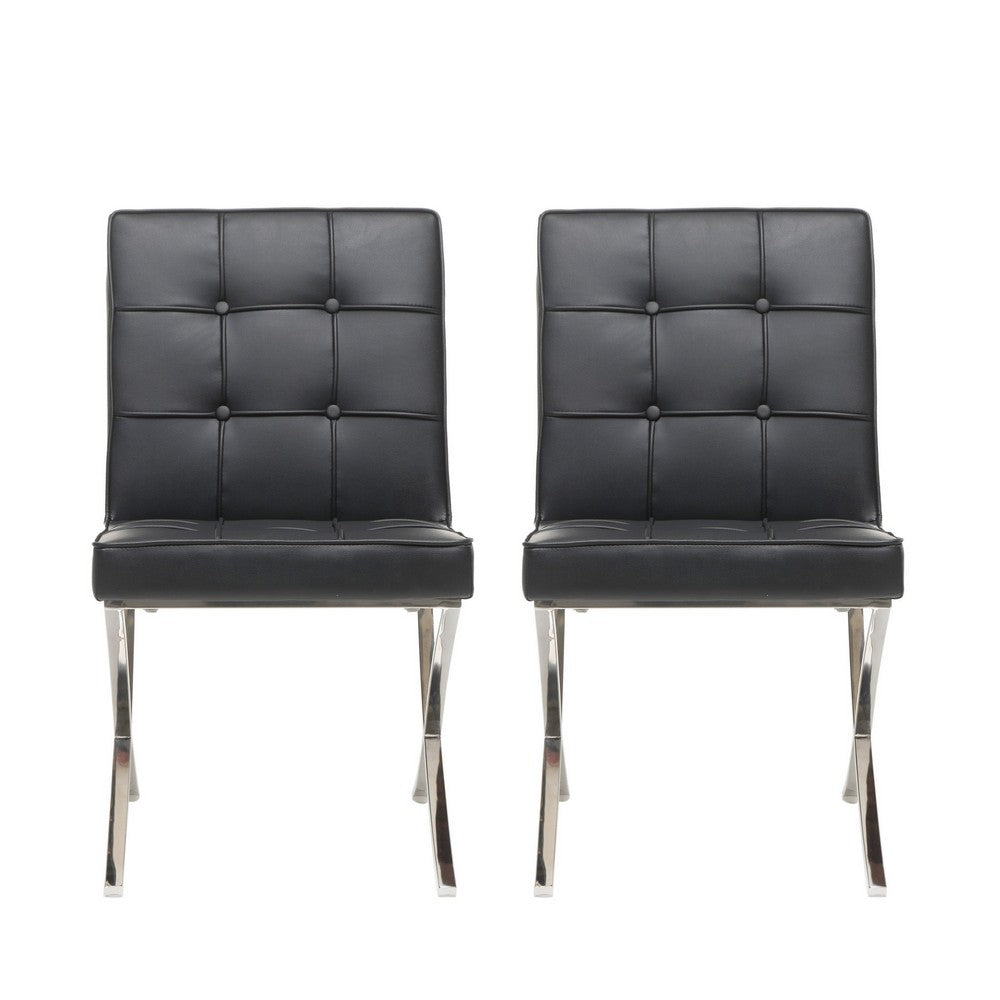 Dinner Chair Set of 2, X Chrome Legs, Button Tufted Black Leather