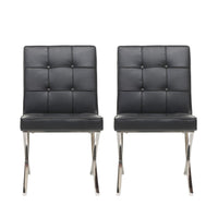 Dinner Chair Set of 2, X Chrome Legs, Button Tufted Black Leather