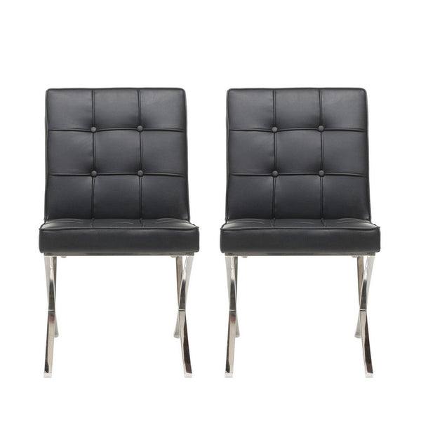 Dinner Chair Set of 2, X Chrome Legs, Button Tufted Black Leather