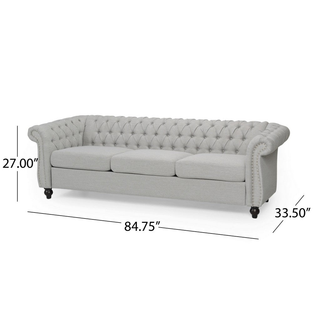 Sofa, 85 Inch Chesterfield Light Gray Button Tufted Fabric Design -BM327724
