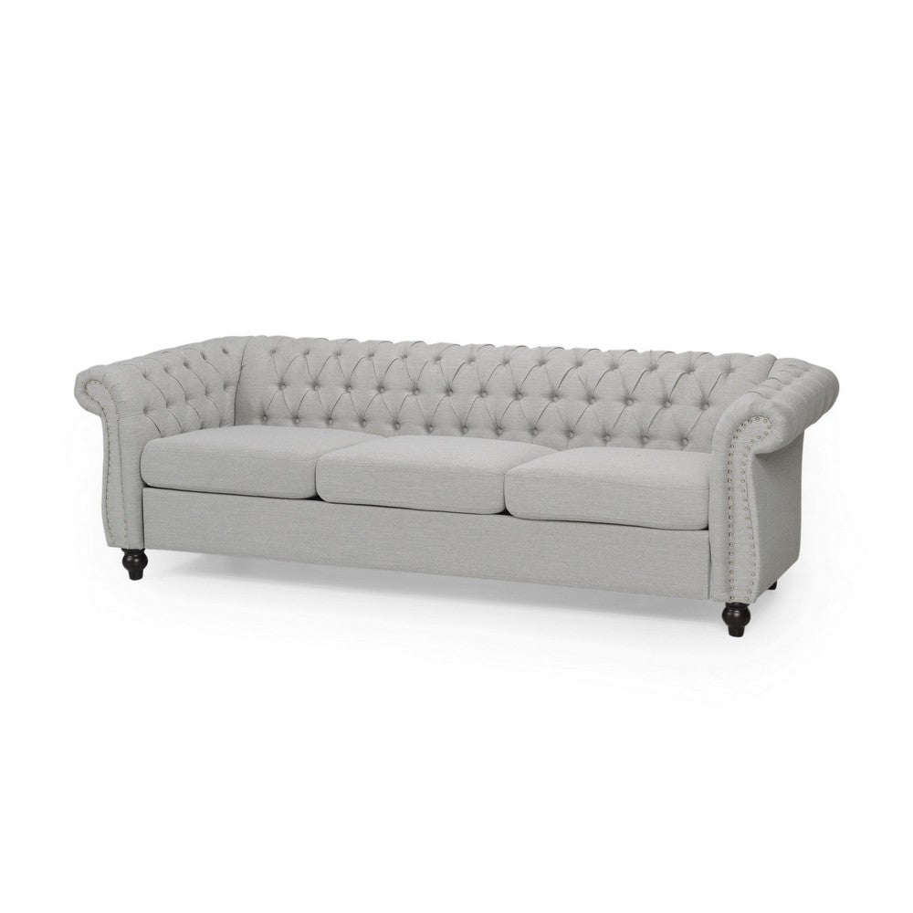 Sofa, 85 Inch Chesterfield Light Gray Button Tufted Fabric Design -BM327724
