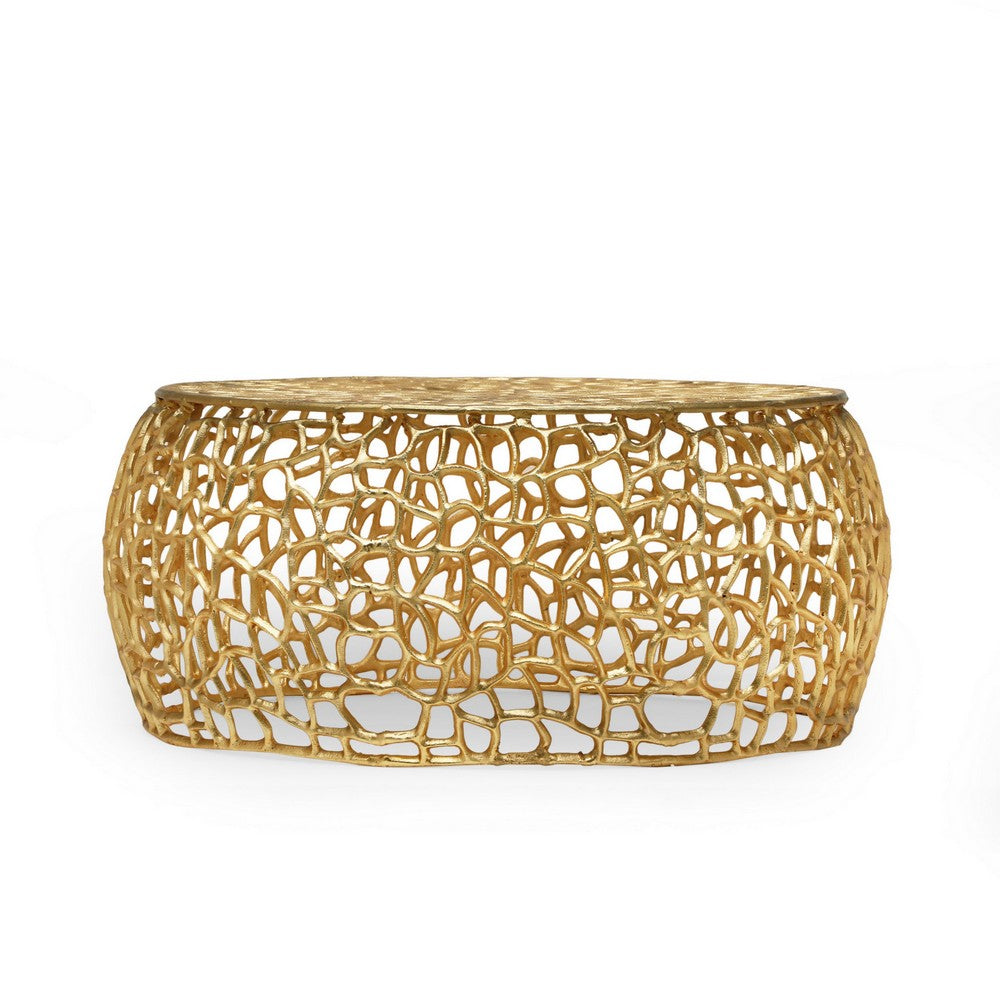 Coffee Table, 28 Inch Round Plinth Mesh Design, Open Gold Metal Frame -BM327725