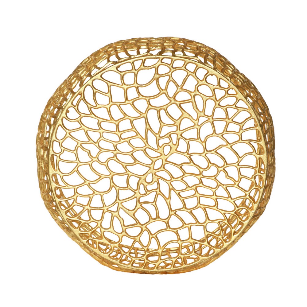Coffee Table, 28 Inch Round Plinth Mesh Design, Open Gold Metal Frame -BM327725