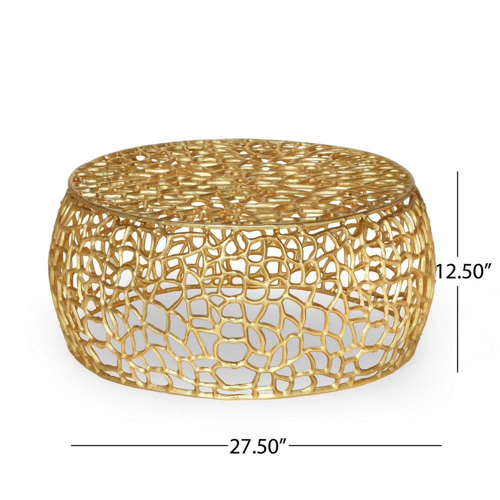 Coffee Table, 28 Inch Round Plinth Mesh Design, Open Gold Metal Frame -BM327725