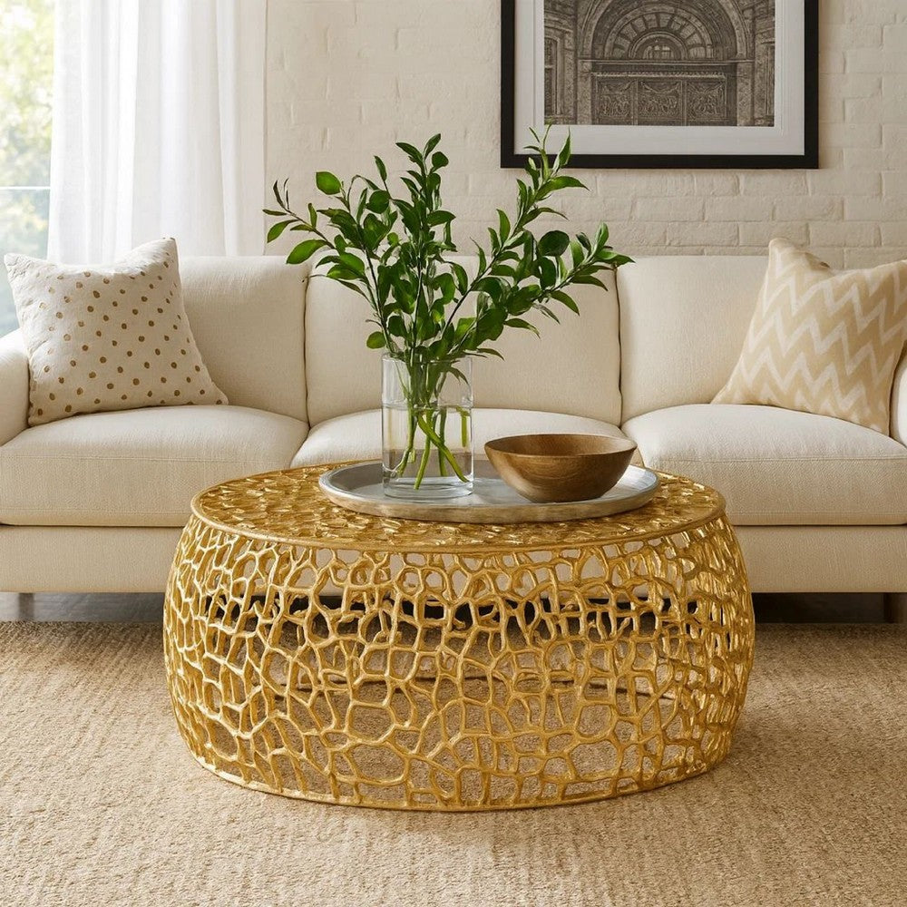 Coffee Table, 28 Inch Round Plinth Mesh Design, Open Gold Metal Frame -BM327725