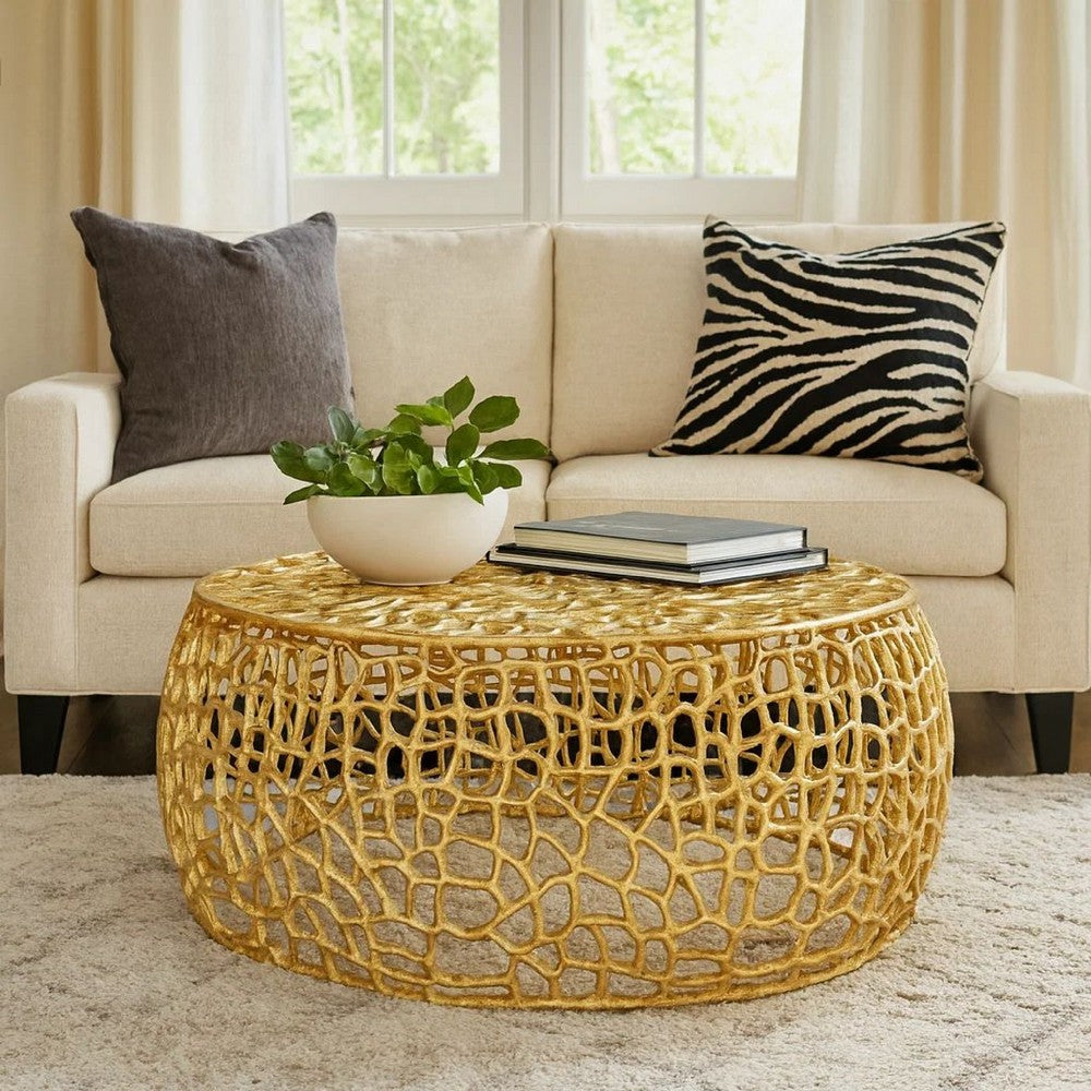 Coffee Table, 28 Inch Round Plinth Mesh Design, Open Gold Metal Frame -BM327725