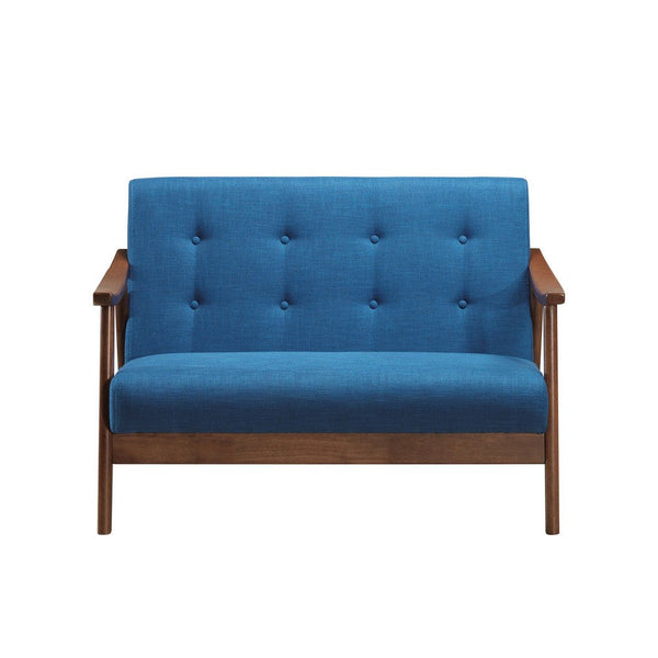 Sofa, 45 Inch, Button Tufted Design Blue Fabric, Brown Birch Wood -BM327731