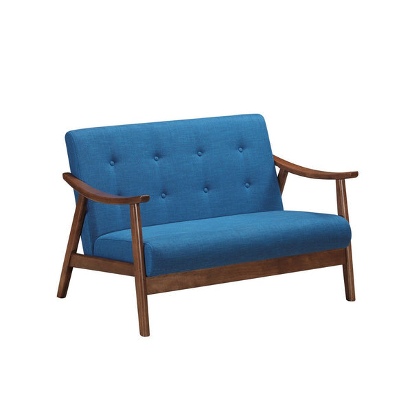 Sofa, 45 Inch, Button Tufted Design Blue Fabric, Brown Birch Wood