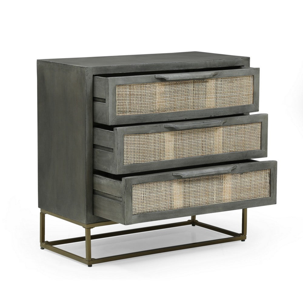 Nightstand Table Cabinet, 29 Inch, 3 Drawers, Boho Brown Mango Wood -BM327739