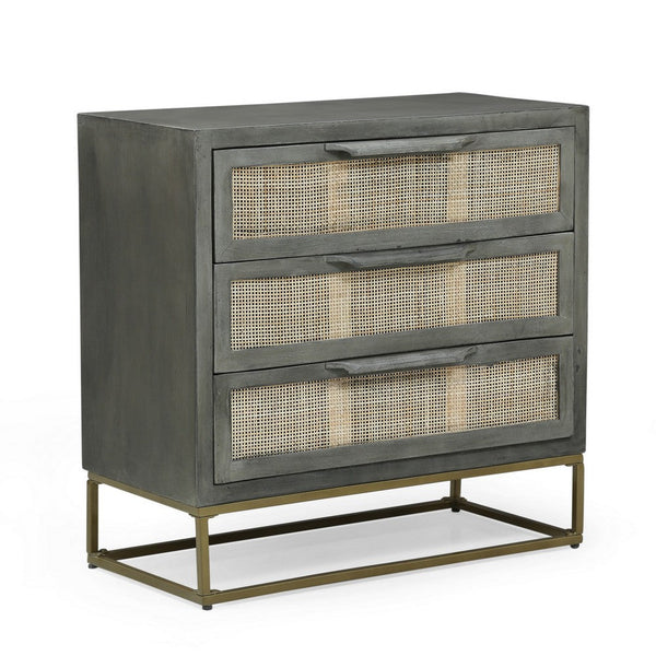 Nightstand Table Cabinet, 29 Inch, 3 Drawers, Boho Brown Mango Wood
