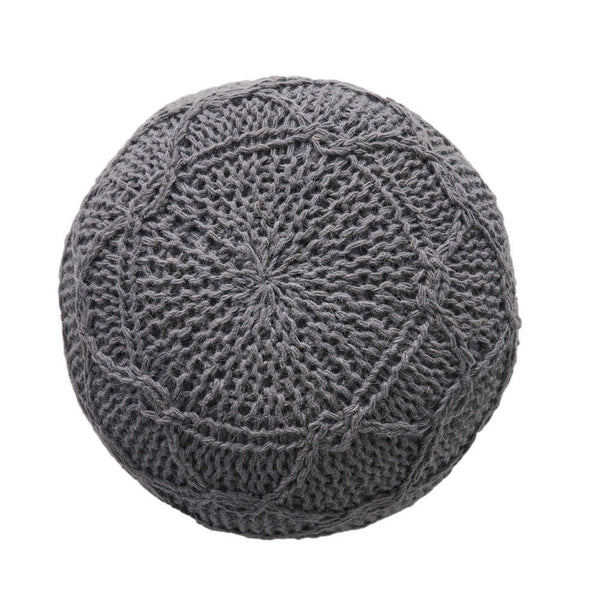 Ottoman Pouf, 20 Inch Round Shape, Knitted Boho Design, Gray Wool -BM327740