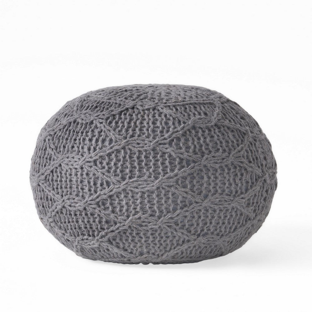 Ottoman Pouf, 20 Inch Round Shape, Knitted Boho Design, Gray Wool -BM327740
