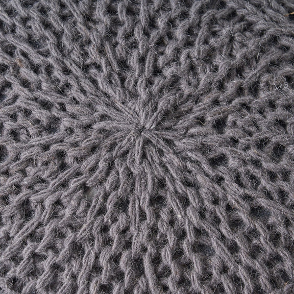 Ottoman Pouf, 20 Inch Round Shape, Knitted Boho Design, Gray Wool -BM327740