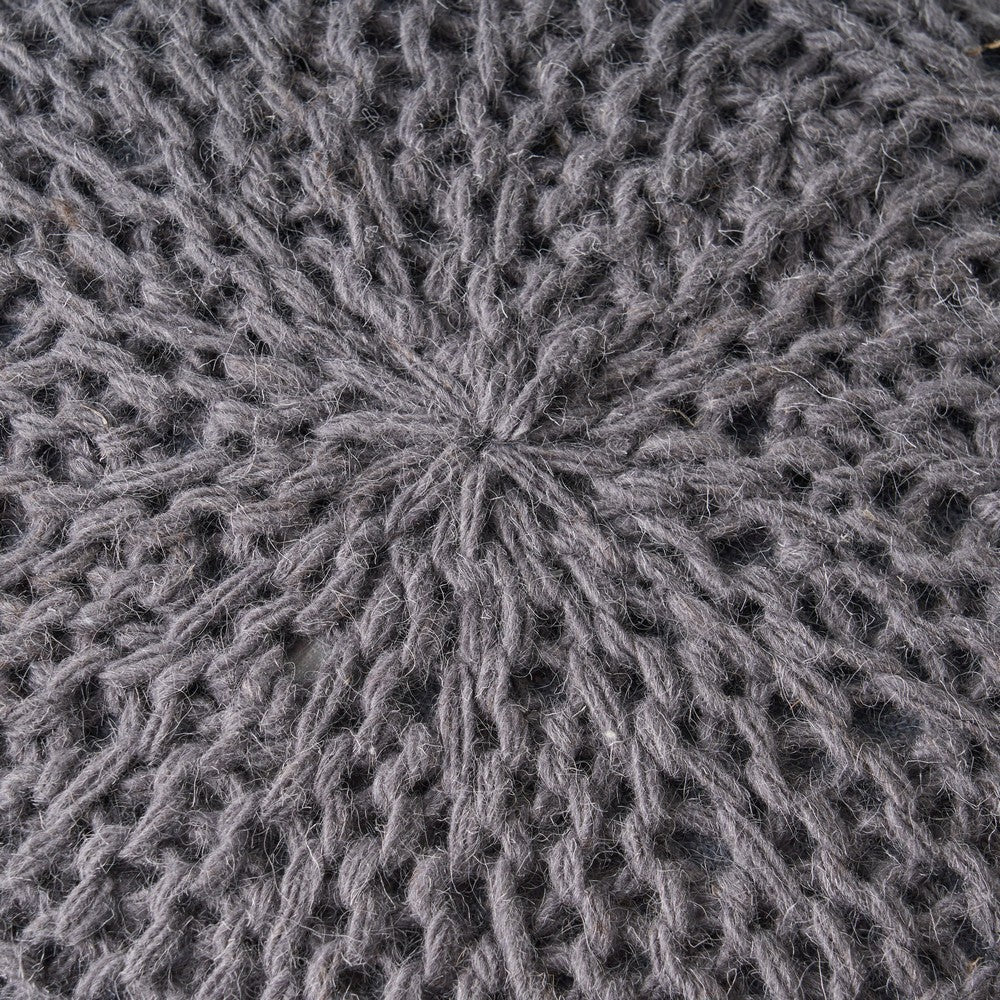 Ottoman Pouf, 20 Inch Round Shape, Knitted Boho Design, Gray Wool -BM327740