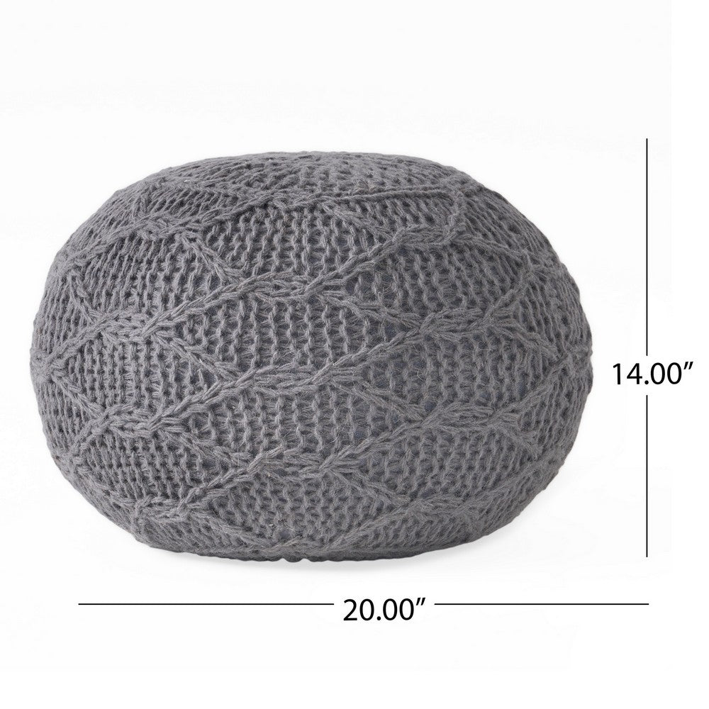 Ottoman Pouf, 20 Inch Round Shape, Knitted Boho Design, Gray Wool -BM327740