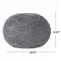 Ottoman Pouf, 20 Inch Round Shape, Knitted Boho Design, Gray Wool -BM327740
