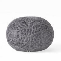 Ottoman Pouf, 20 Inch Round Shape, Knitted Boho Design, Gray Wool -BM327740