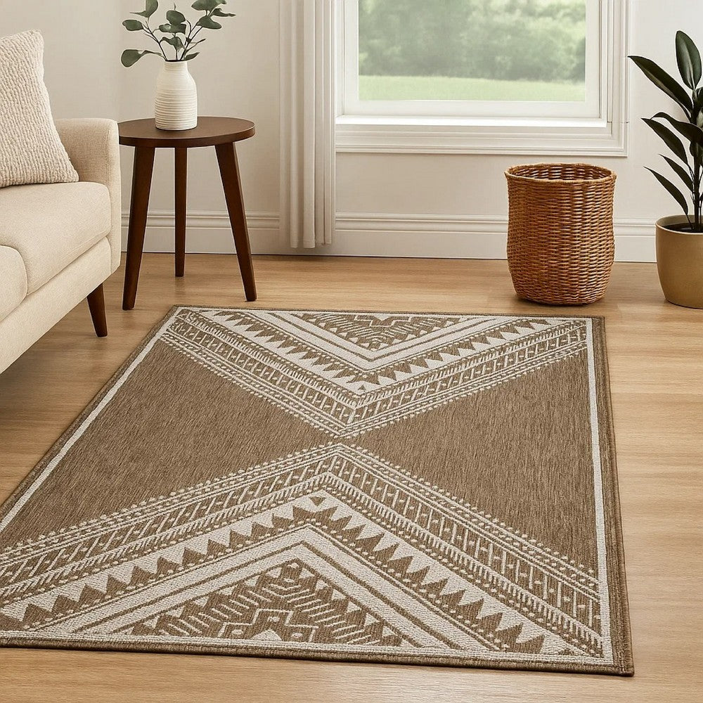 John 5 x 7 Medium Area Rug, Tribal Inspired Boho Pattern, Brown Ivory -BM327752