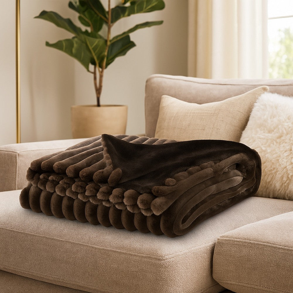 Faux Fur Throw Blanket, 61 Inch Plush Dark Brown Striped Polyester -BM327753