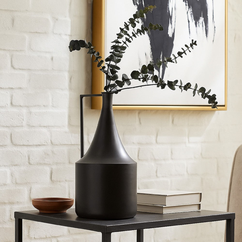 Decorative Vase, Metal Angular Handle and Curved Neck, 17 Inch Black -BM327764
