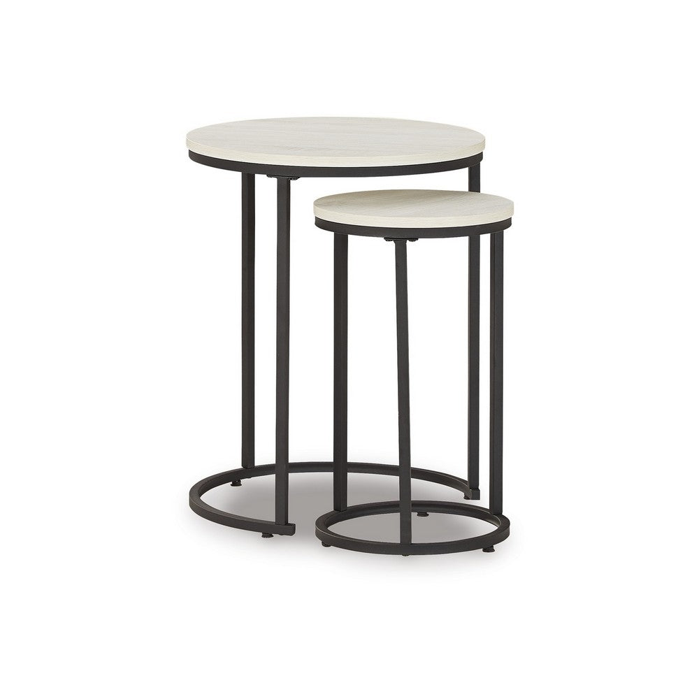 Nesting Accent Tables Set of 2, Black Metal Base, Round Faux Wood Top