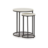 Nesting Accent Tables Set of 2, Black Metal Base, Round Faux Wood Top