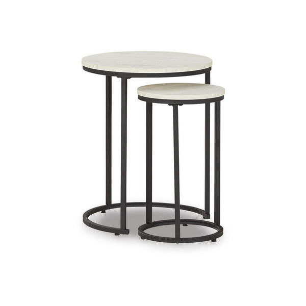 Nesting Accent Tables Set of 2, Black Metal Base, Round Faux Wood Top