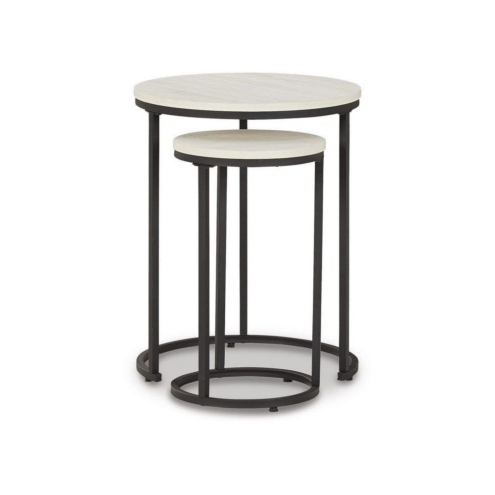 Nesting Accent Tables Set of 2, Black Metal Base, Round Faux Wood Top -BM327772