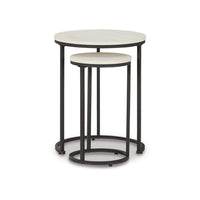 Nesting Accent Tables Set of 2, Black Metal Base, Round Faux Wood Top -BM327772