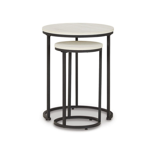 Nesting Accent Tables Set of 2, Black Metal Base, Round Faux Wood Top -BM327772