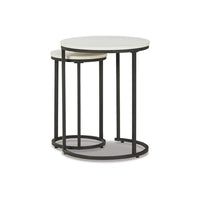 Nesting Accent Tables Set of 2, Black Metal Base, Round Faux Wood Top -BM327772