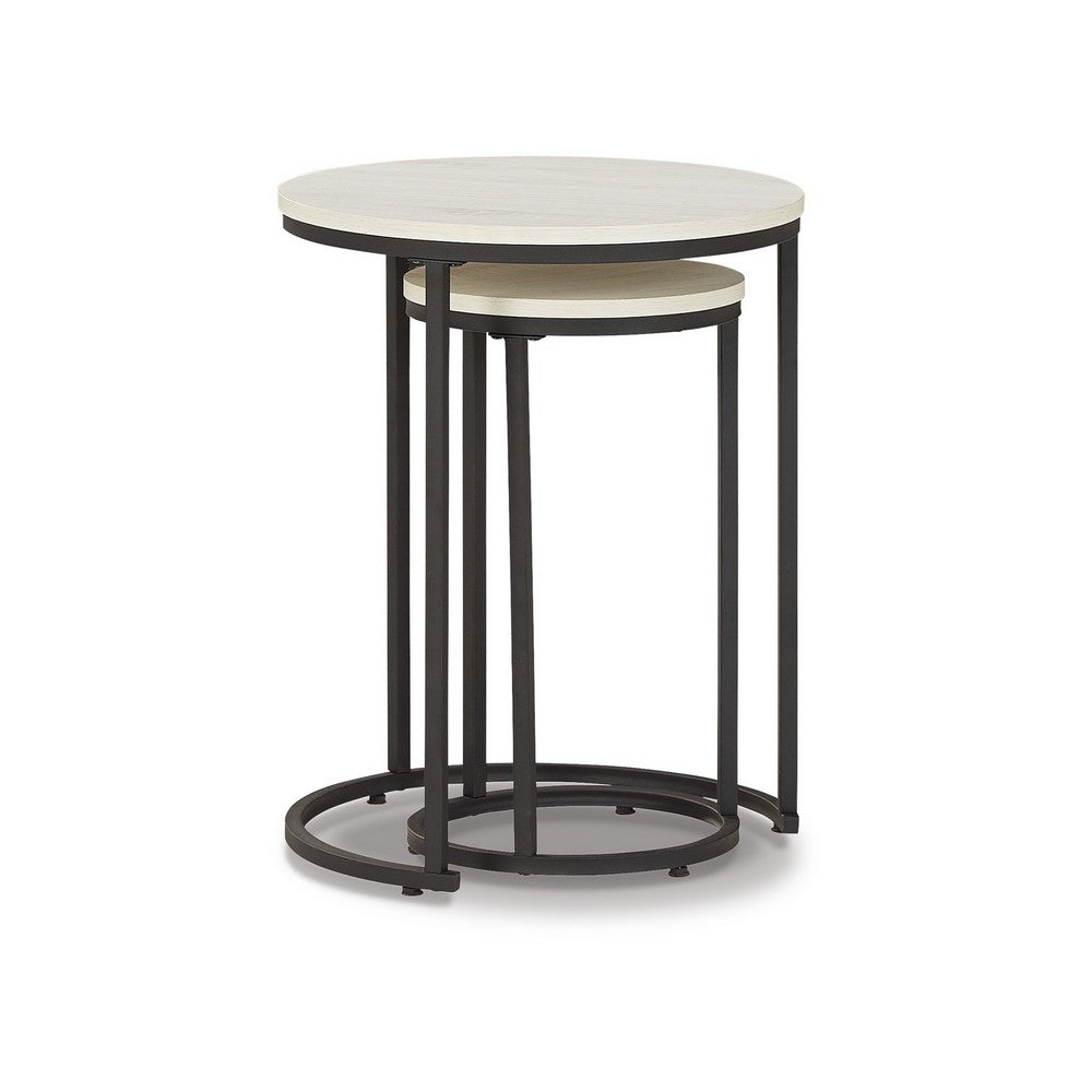 Nesting Accent Tables Set of 2, Black Metal Base, Round Faux Wood Top -BM327772