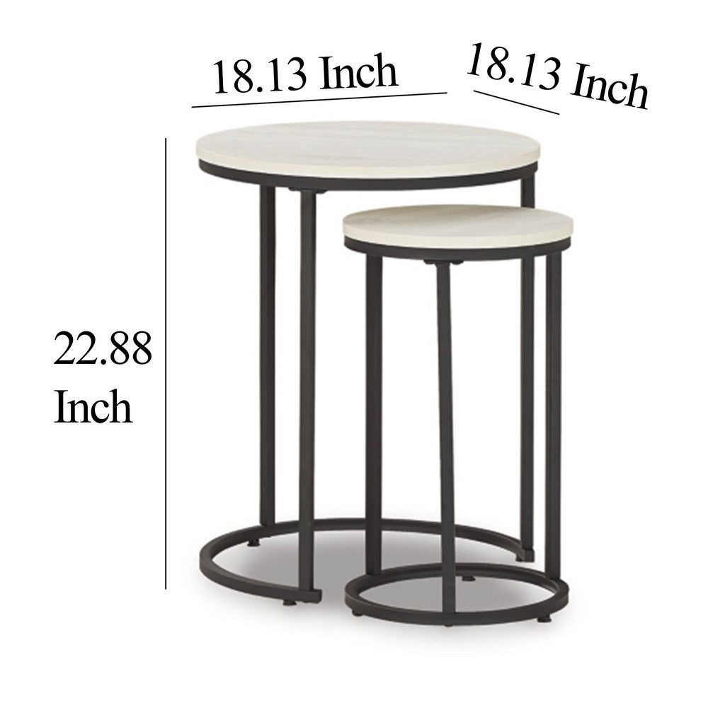 Nesting Accent Tables Set of 2, Black Metal Base, Round Faux Wood Top -BM327772