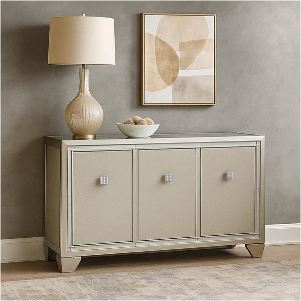 Sideboard Cabinet, Mirrored Top, 54 Inch, Adjustable Shelves, Silver  -BM327775
