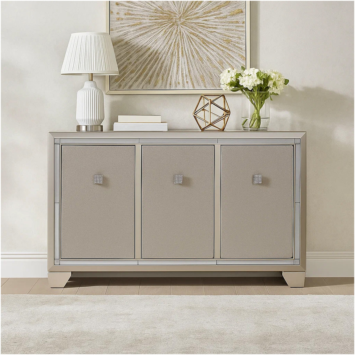 Sideboard Cabinet, Mirrored Top, 54 Inch, Adjustable Shelves, Silver  -BM327775