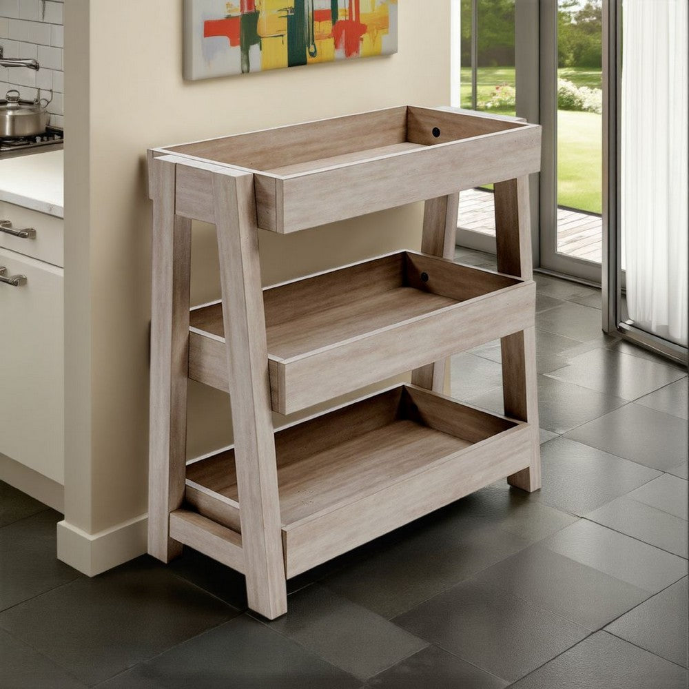 Arid Accent Table, 3 Storage Tray Shelves, 26 Inch, Brown Solid Wood -BM327780