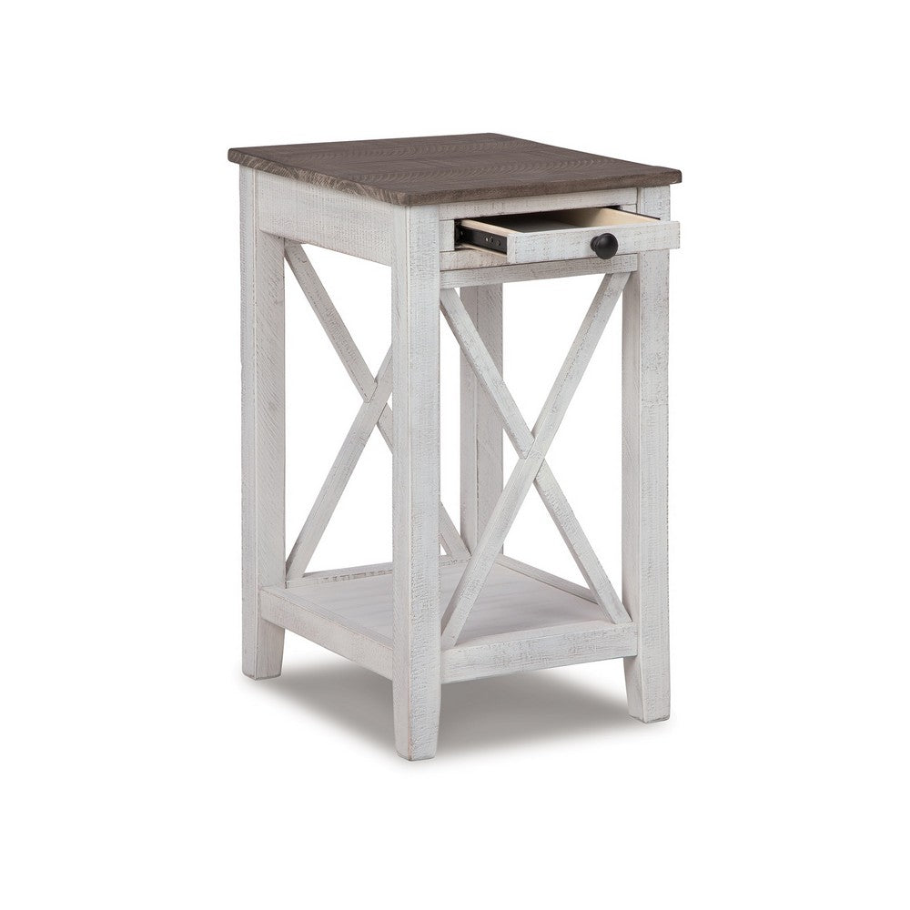 Accent Table, 1 Drawer and Shelf, USB Ports, 25 Inch White Solid Wood -BM327781