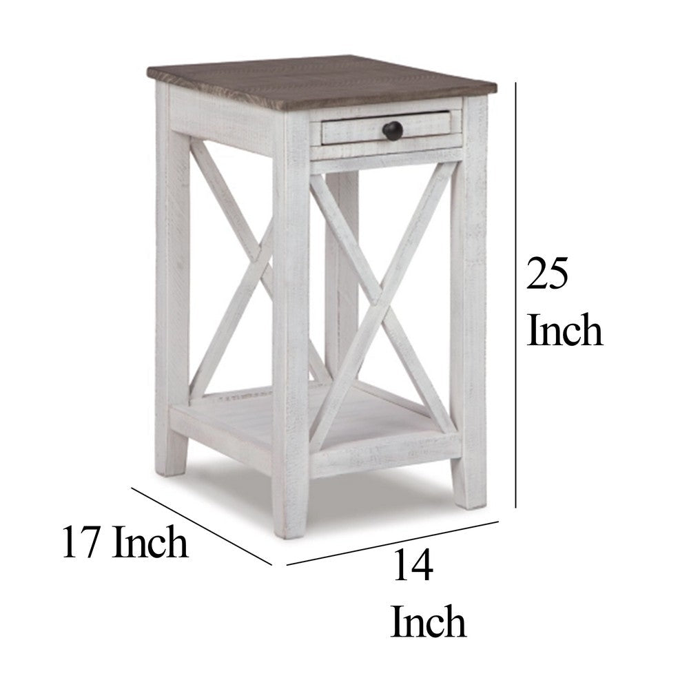Accent Table, 1 Drawer and Shelf, USB Ports, 25 Inch White Solid Wood -BM327781