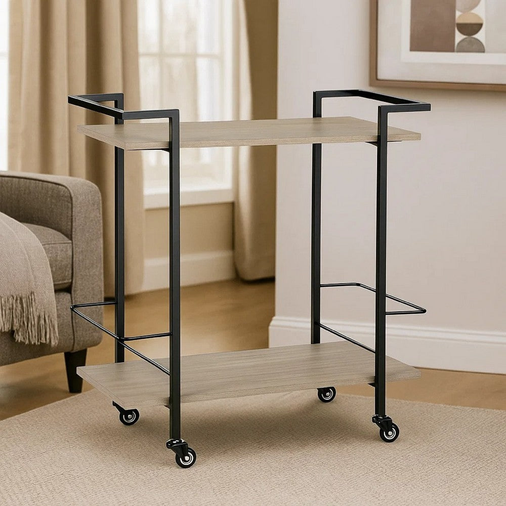 Serving Bar Cart, 32 Inch Black Metal, 2 Shelf, Bottle Holders -BM327783