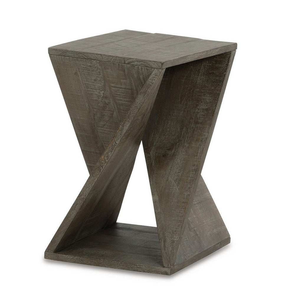 Axoi Accent Side End Table, Solid Wood Twist, 14 Inch, Distressed Gray -BM327789