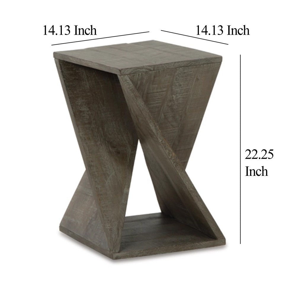 Axoi Accent Side End Table, Solid Wood Twist, 14 Inch, Distressed Gray -BM327789
