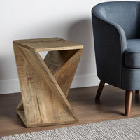 Axoi Accent Side End Table, Solid Wood Twist, 14 Inch Distressed Brown -BM327790