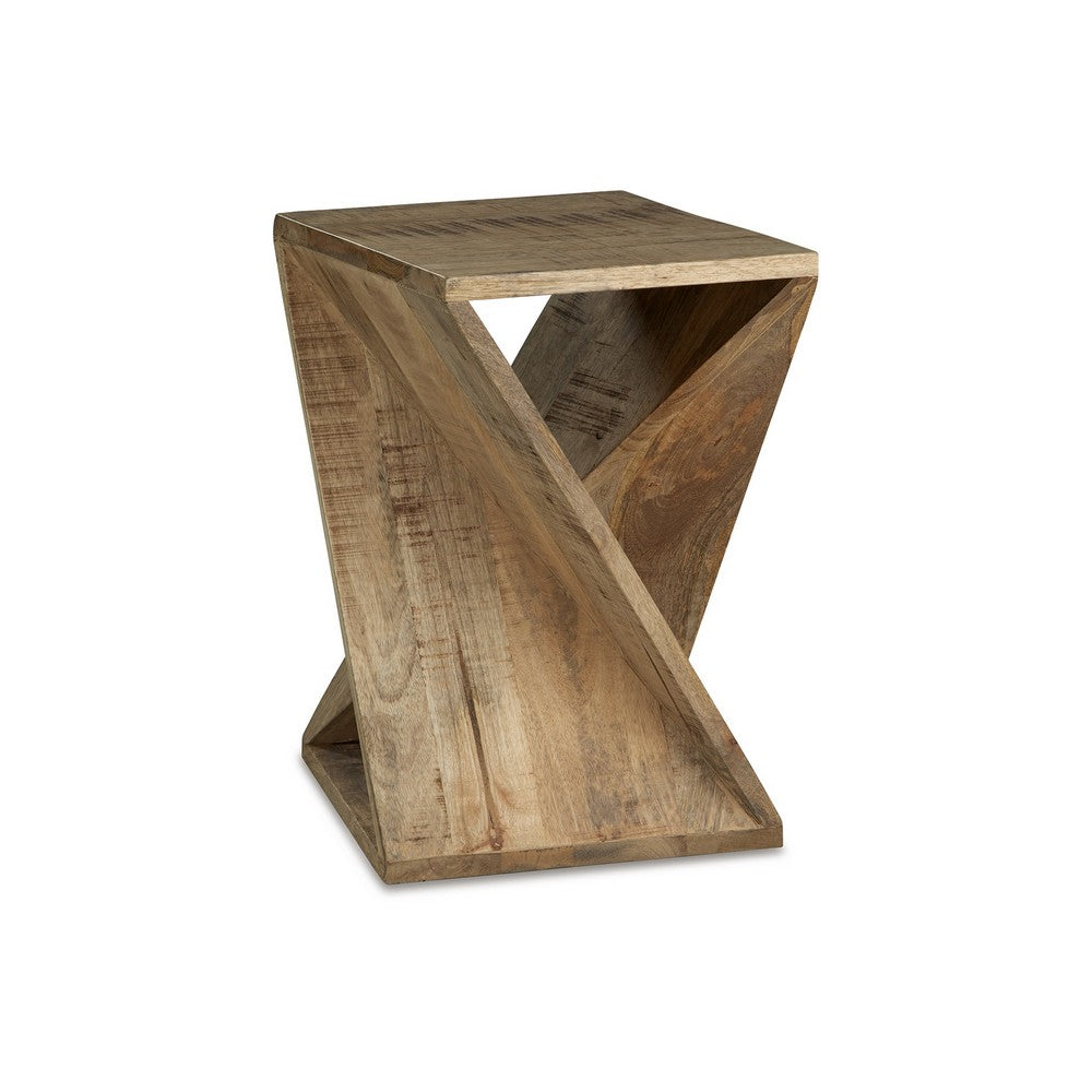 Axoi Accent Side End Table, Solid Wood Twist, 14 Inch Distressed Brown
