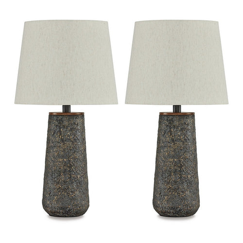 Roe Table Lamp Set of 2, Antique Black Textured Metal Base. Drum Shade