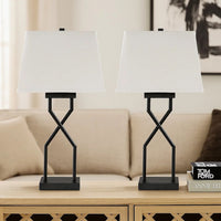 Table Lamp Set of 2, Empire Fabric Shade, Black Geometric Base w USB -BM327798