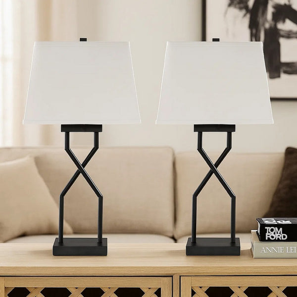 Table Lamp Set of 2, Empire Fabric Shade, Black Geometric Base w USB -BM327798